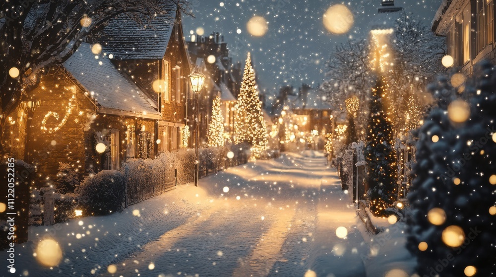Snowy street, Christmas lights, festive houses. Snowy street, Christmas lights, festive houses.