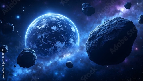 Exploring the mysterious blue planet surrounded by asteroids in a cosmic expanse of stars and galaxies