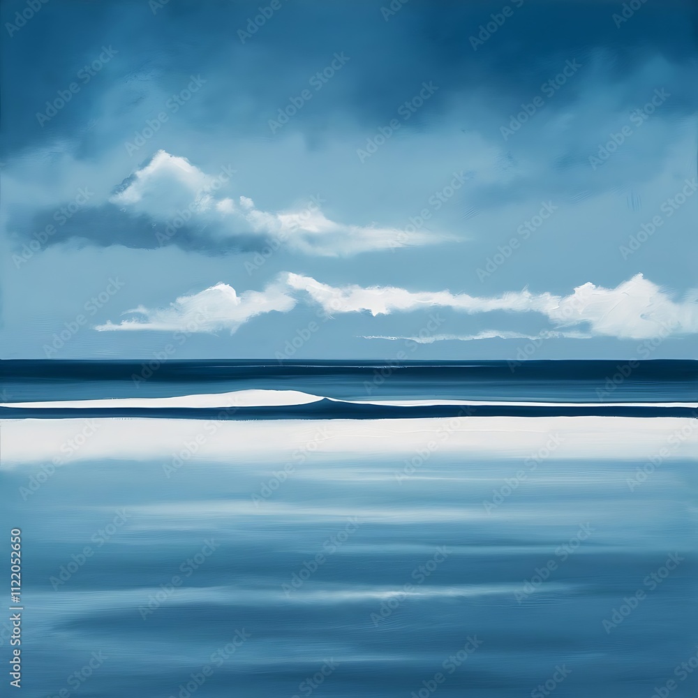Fototapeta premium Cloudy blue minimalist seascape. Deserted space. Horizon line. Background.