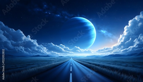 Expansive road leading toward a vibrant planet in a twilight sky filled with clouds and distant stars