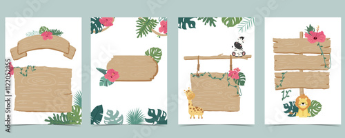 Wood frame collection of safari background set.Editable vector illustration for birthday invitation,postcard and sticker