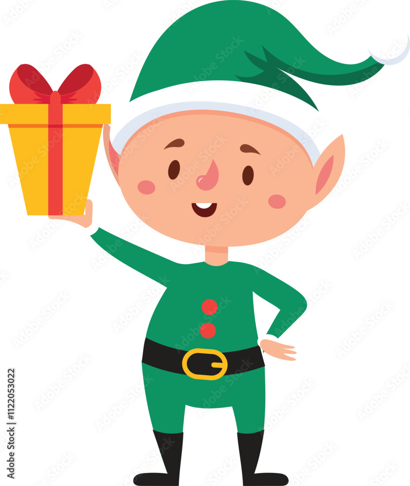 Happy christmas elf wearing a green costume and hat, holding up a wrapped yellow gift box with a red ribbon, celebrating christmas time with a cheerful smile Happy christmas elf wearing a green costume and hat, holding up a wrapped yellow gift box with a red ribbon, celebrating christmas time with a cheerful smile