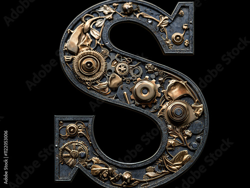 steampunk font, letters, alphabet, vintage, mechanical, gears, cogwheels, brass, metal, industrial, Victorian, retro, futuristic, ornate, typography, rusty, clockwork, pipes, rivets, engraved, distres