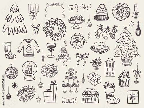 Set of whimsical hand-drawnchristmas food and drink illustration in trendy vintage style. Perfect for quirky new year holiday, dinner and bar menu, bachelorette party, birthday invitation, sign