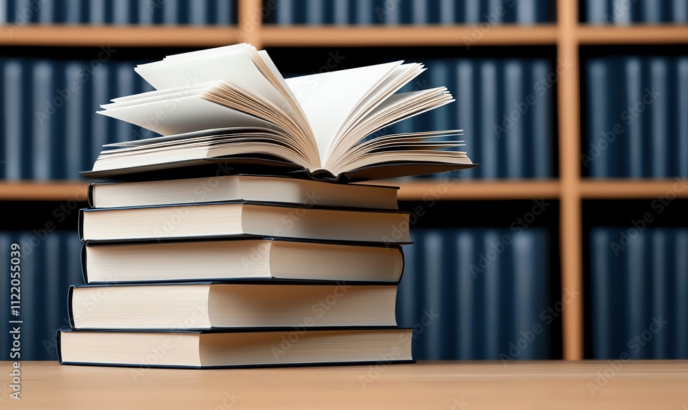 A stack of books with an open book on top, set against a background of filled shelves. Represents knowledge, learning, and exploration. Perfect for educational and literary themes. A stack of books with an open book on top, set against a background of filled shelves. Represents knowledge, learning, and exploration. Perfect for educational and literary themes.