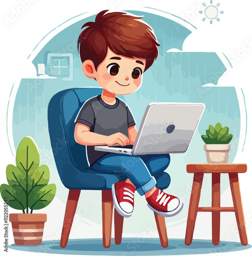 a boy is using his laptop vector