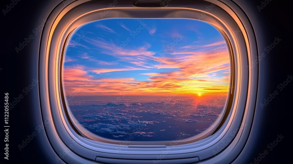 Naklejka premium a photostock of a single airplane window view with clear skies and soft light, serene travel 2025