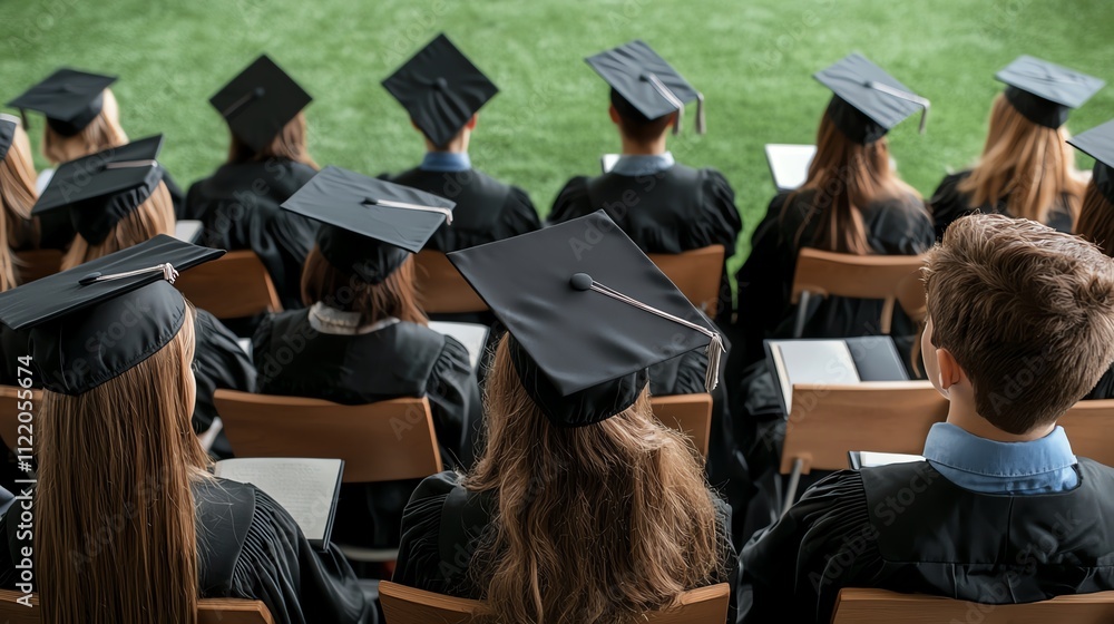 Obraz premium Group of students wearing graduation caps seated in rows during a ceremony. Captures the moment of achievement and celebration as they prepare for new beginnings and opportunities.