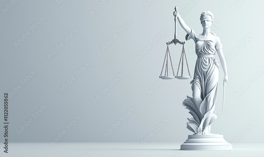 Elegant statue of Lady Justice holding scales, symbolizing law and fairness. Suitable for legal concepts and cultural discussions. Gray background enhances the statue's focus.