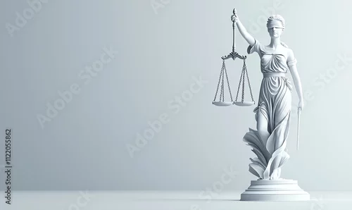 Obraz Elegant statue of Lady Justice holding scales, symbolizing law and fairness. Suitable for legal concepts and cultural discussions. Gray background enhances the statue's focus.