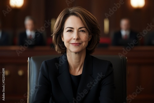 Professional woman in a formal setting, exuding confidence and authority. She appears to be in a courtroom or official environment, highlighting her leadership and professionalism. photo