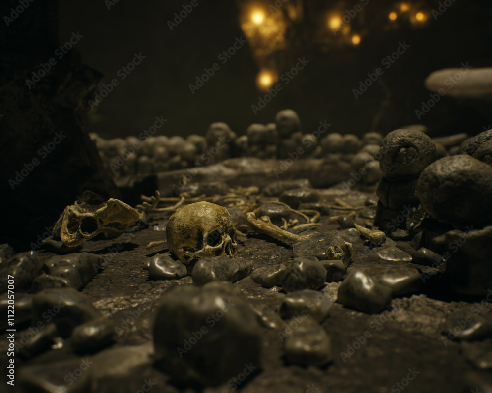 Skulls and bones in an ancient dark mysterious fantasy cave. 3D render.