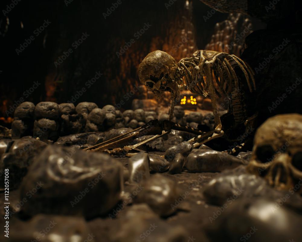 Skulls and bones in an ancient dark mysterious fantasy cave. 3D render.