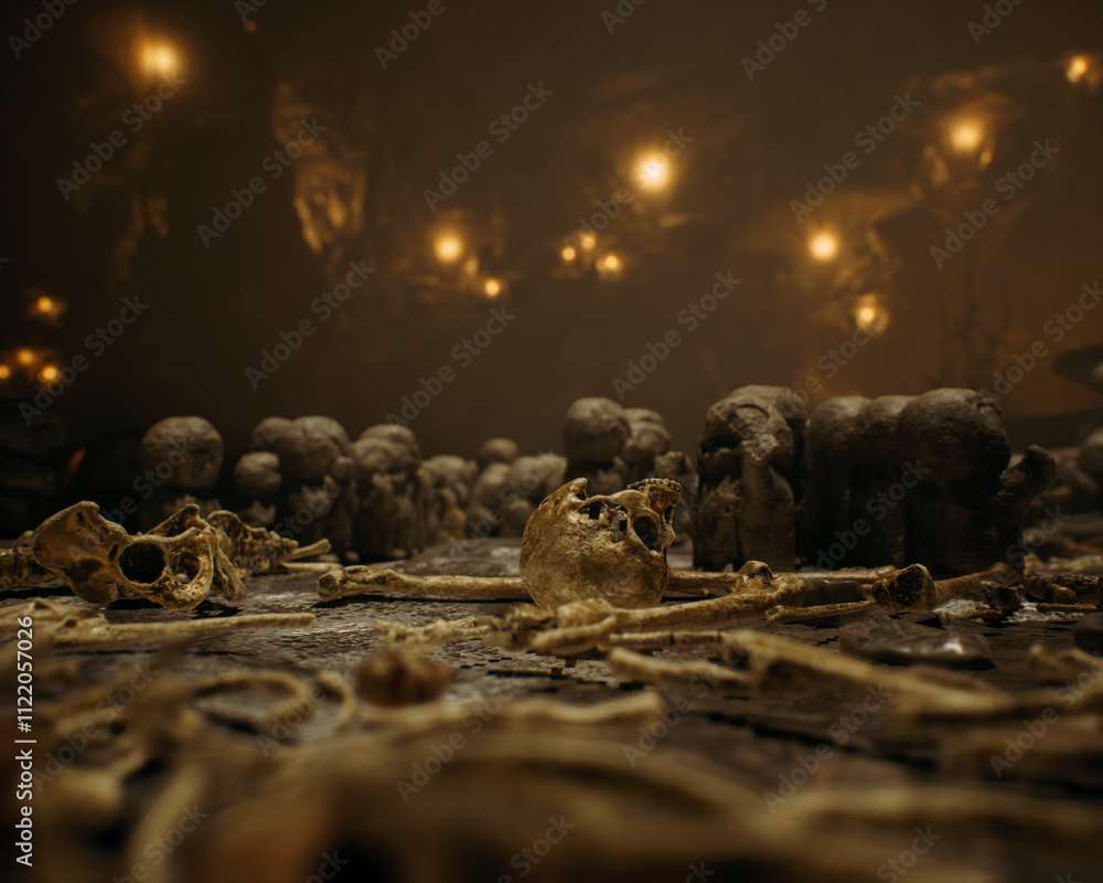 Skulls and bones in an ancient dark mysterious fantasy cave. 3D render.