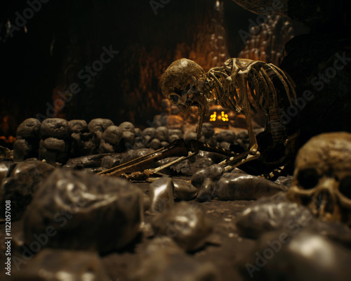 Obraz na płótnie Skulls and bones in an ancient dark mysterious fantasy cave. 3D render. w salonie