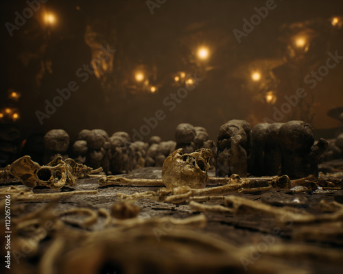 Obraz na płótnie Skulls and bones in an ancient dark mysterious fantasy cave. 3D render. w salonie