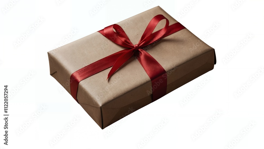 Fototapeta premium Christmas gift box red ribbon and brown wrapped isolated on white backgrounds