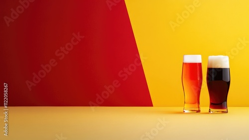 Two glasses of beer, one amber, dark, on red and yellow background photo