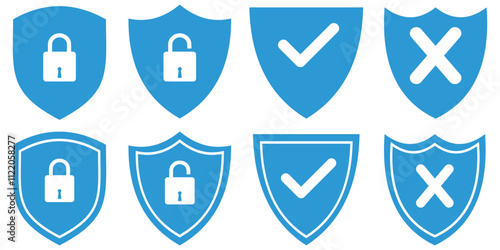 Security shield sign vector illustration, Lock security icon, Set of security shield icons, security shields symbols with check mark and padlock, Shield security icon, Safety, protection sign. Blue 
