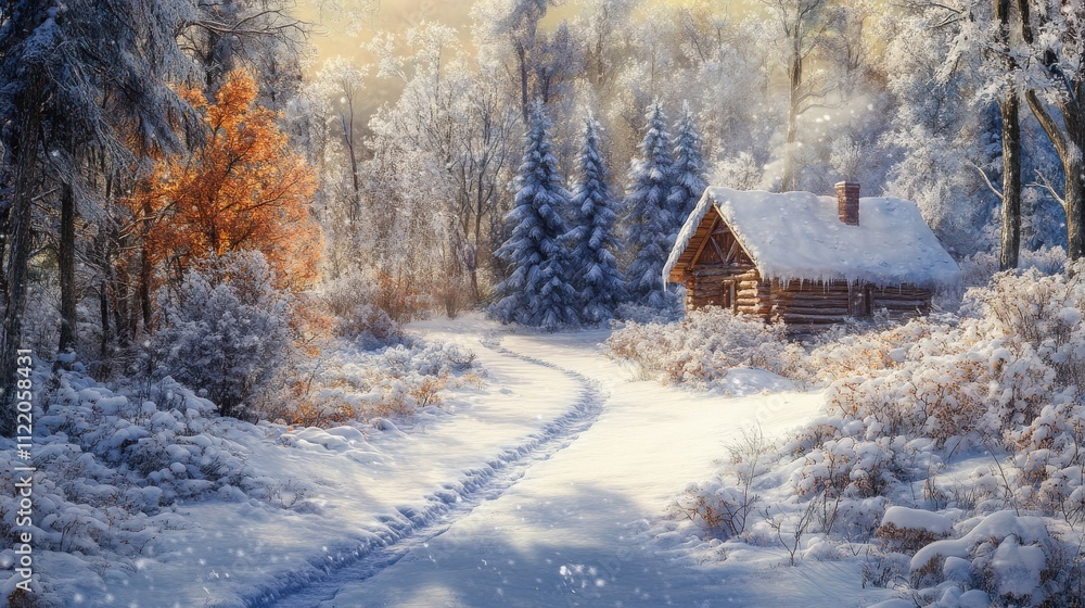 Obraz premium Snow-covered cabin in a winter forest.