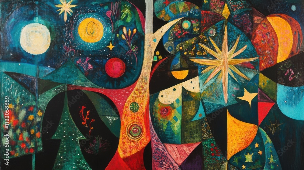 Fototapeta premium Abstract cosmic night scene with vibrant colors and celestial elements.
