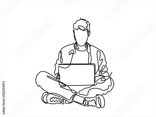 Young man sits with laptop. Communication and work on the Internet. Boy communicates using a computer.One continuous line .One continuous drawing line logo isolated minimal illustration.