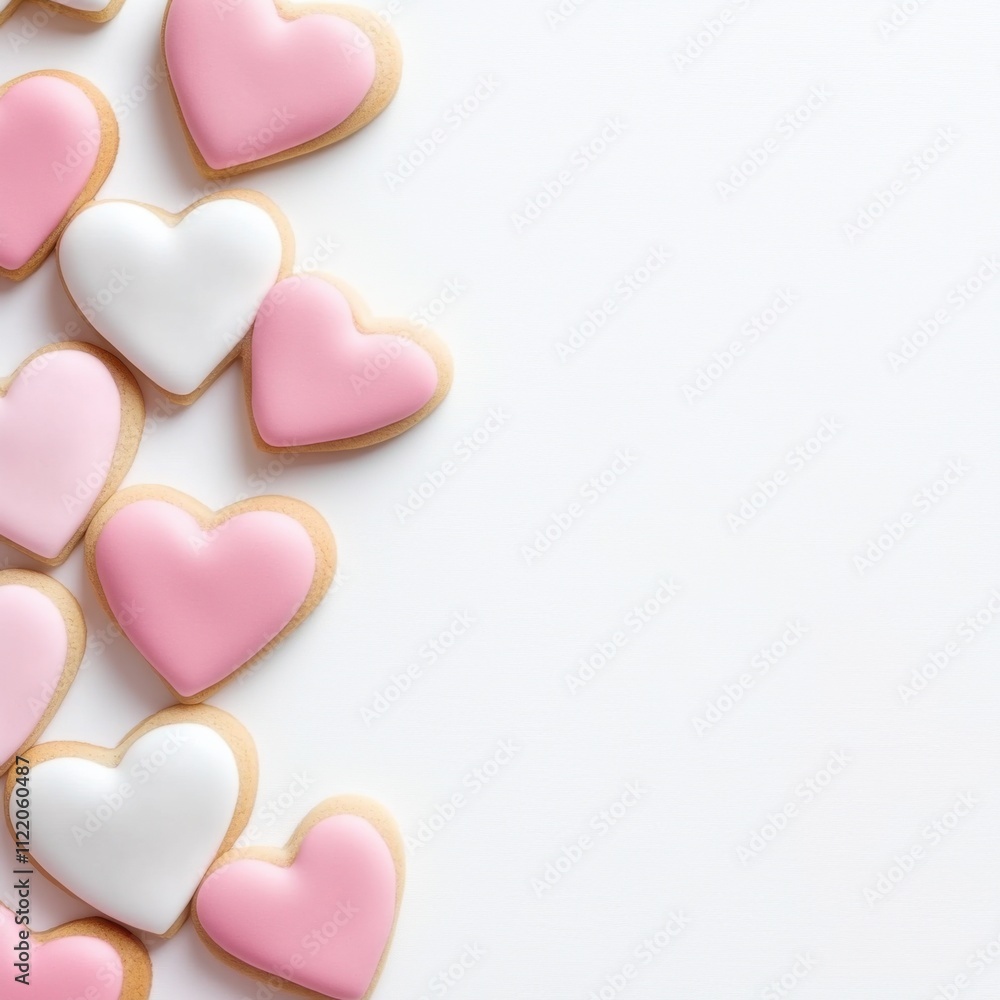 Obraz premium Heart-shaped pink and white cookies arranged on a white background, perfect for Valentine's Day themes or romantic celebrations, with ample copy space on the right, AI