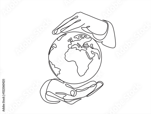 One continuous line drawing of hands hold Earth globe. World environment day poster in simple linear style. Protect and save planet concept 