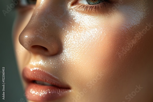 Close-up of woman's face with dewy skin and sunlight