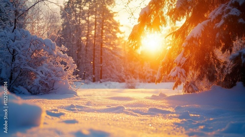 Sunlit snowy forest path at sunset.