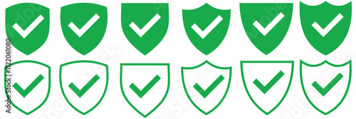 Shield check mark icon. Shield with a checkmark in the middle Protection icon. Security shield protected icon. Line style isolated on white background. Vector illustration. Green shield with checkmark