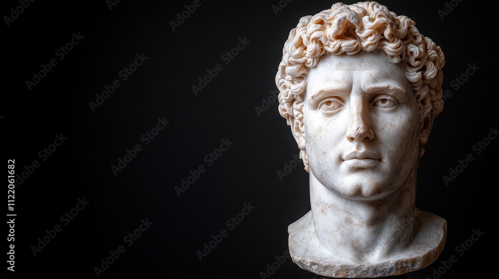 Obraz premium Marble Statue of Greek God Apollo on Black Background, AI-Generated Image Showcasing Classical Mythology and Artistic Craftsmanship