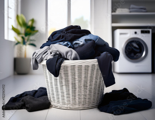 검은 빨래 세탁법과 빨래바구니에 쌓인 빨래더미