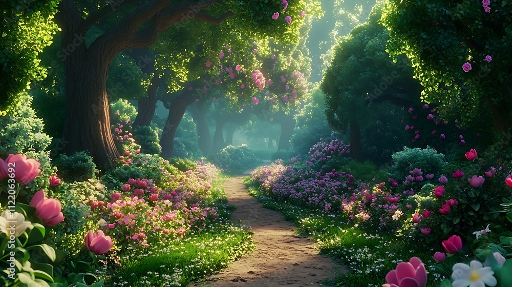 Fototapeta premium Through a vibrant landscape filled with blooming flowers, a tranquil garden path leads
