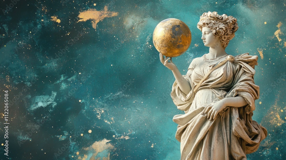 Obraz premium Marble statue of goddess holding globe, cosmic background
