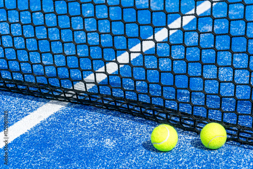 two paddle balls near the net on a blue paddle tennis court, background padel concept photo