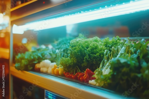 Fresh Organic Vegetables Displayed in Refrigerator with Bright Lighting, Showcasing Greens, Red Peppers, Yellow Bell Peppers, and Crisp Produce for Healthy Living and Nutrition photo