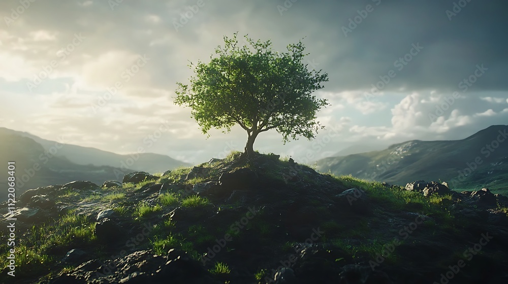 Obraz premium Solitary tree on rocky hilltop at sunset, scenic mountain view.