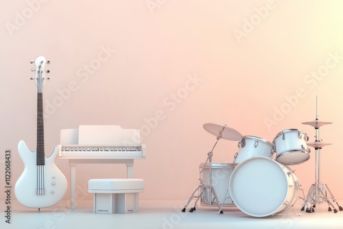 A minimalist studio showcases a 3D abstract design with a white bass guitar, keyboard, and drum set arranged for a creative concept. Generative AI photo