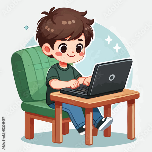 a boy is using his laptop vector