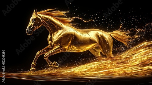 Golden horse in a full-speed sprint, seamlessly merging with dynamic liquid gold streams, symbolizing engine oil power, velocity, and mechanical strength in an artistic, futuristic vision  photo