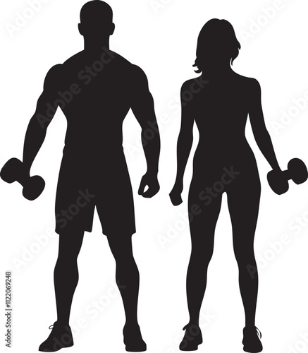 Muscle man and woman with dumbbells 