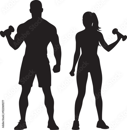 Muscle man and woman with dumbbells 