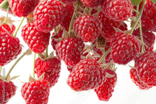 Vibrant fresh raspberries adrift on a clean white surface for a refreshing visual experience photo