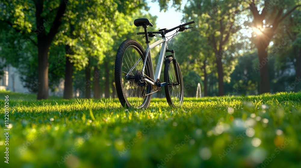Naklejka premium Sustainable transport concept with bicycle in a green park. Generative AI