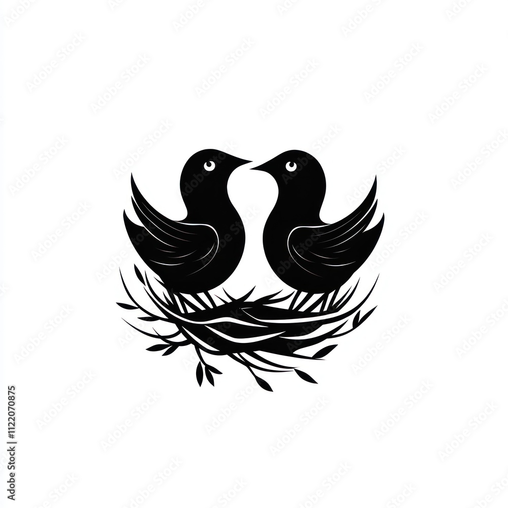Obraz premium Two birds in a nest, facing each other, black silhouette on white background.