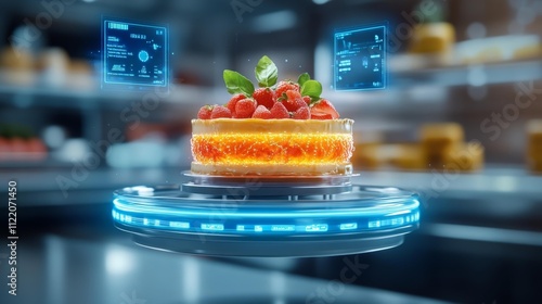 Futuristic smart dairy counter with digital cheese affineur and mold-monitoring hover shelf. Generative AI photo