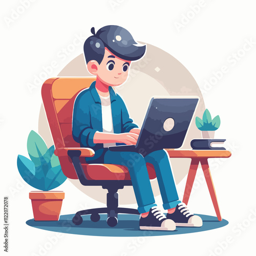 a boy is using his laptop vector