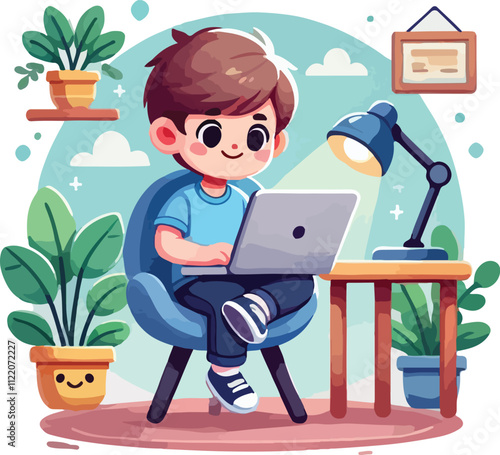 a boy is using his laptop vector