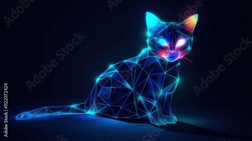 Futuristic glowing polygonal cat design digital art abstract environment vibrant perspective creative concept photo